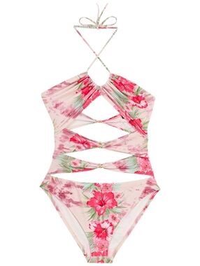 NWT MAJE Openwork Swimsuit Pink/Green Hibiscus Medium (Size 2)